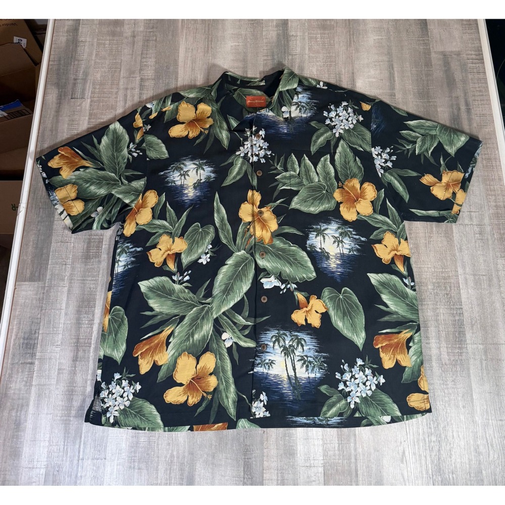 Tommy Bahama Mens XXL Silk Hawaiian Shirt Black Tropical Floral Palm Tree Print